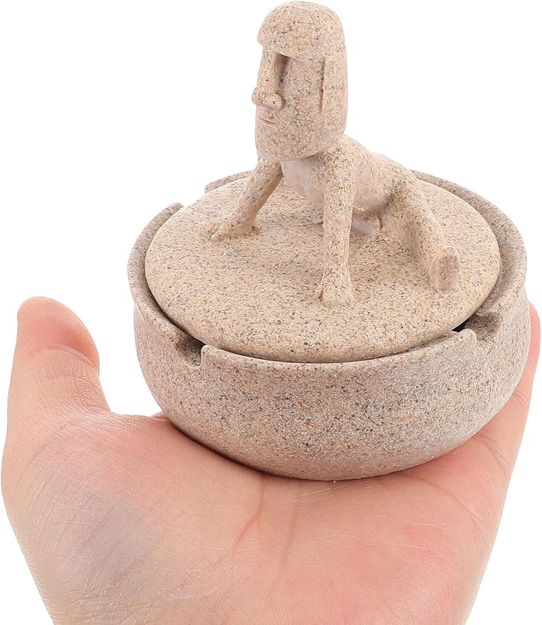 منفضة سجائر مقاومة للرياح بمقبض وغطاء بتصميم حجر اليوجا، حامل رماد بدون دخان للمكتب المنزلي أو سطح المكتب - Image 4